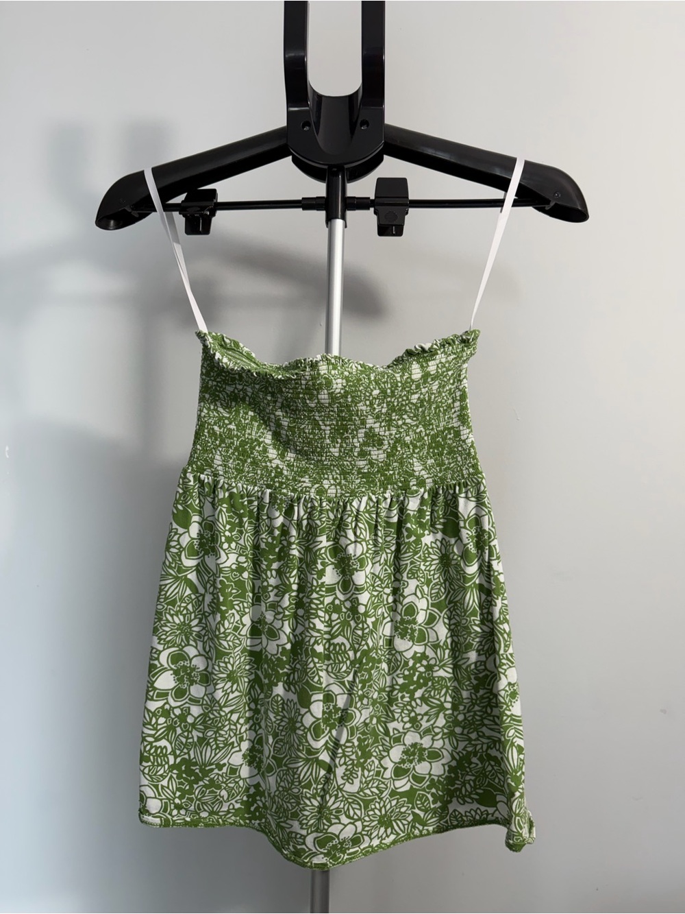 LOFT Green and White Smocked Floral Cami